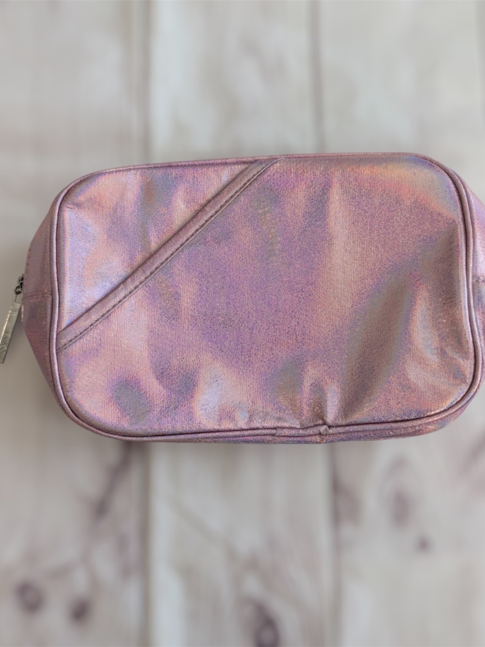 Lancome Paris Cosmetic Pink Shiny Metallic Zip Up Clutch Makeup Bag Case new